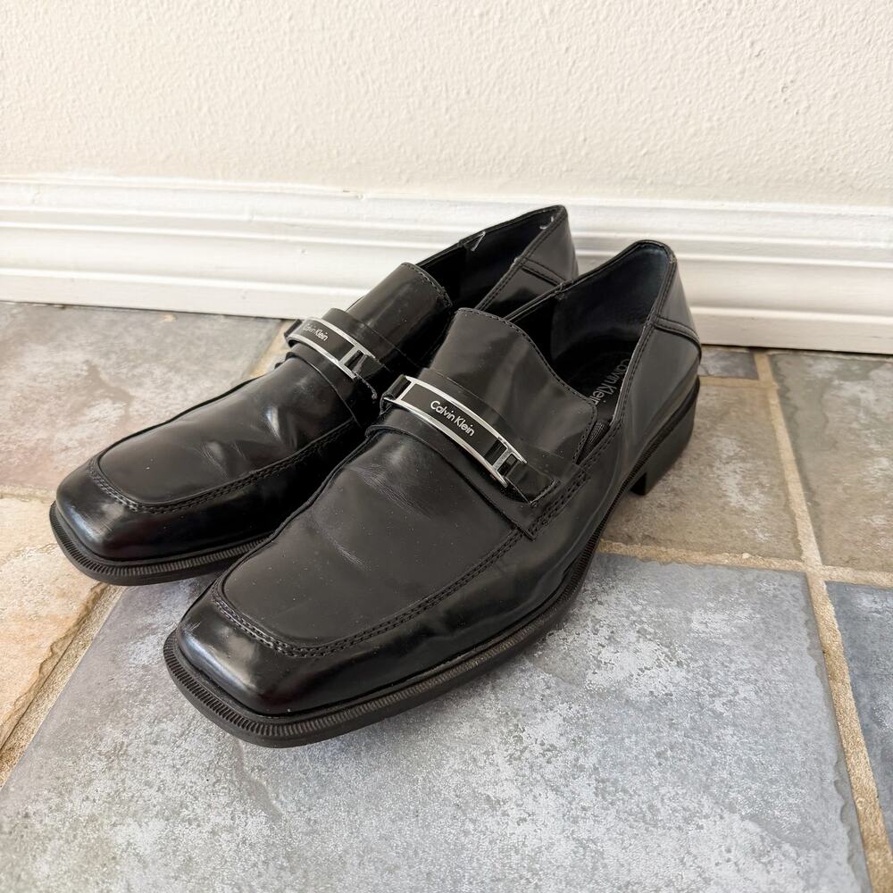 Calvin Klein Mens 10 Black Leather Loafers Slip On Dress Shoes